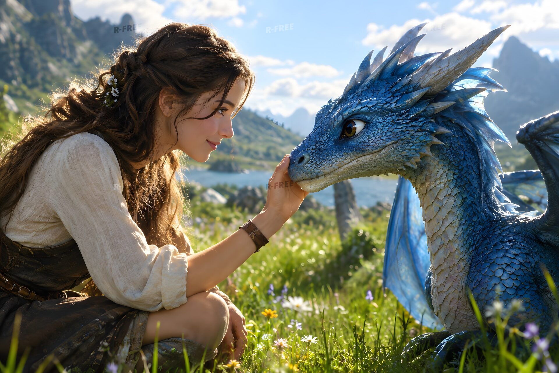 草原で小さな青いドラゴンの鼻先に触れる女性