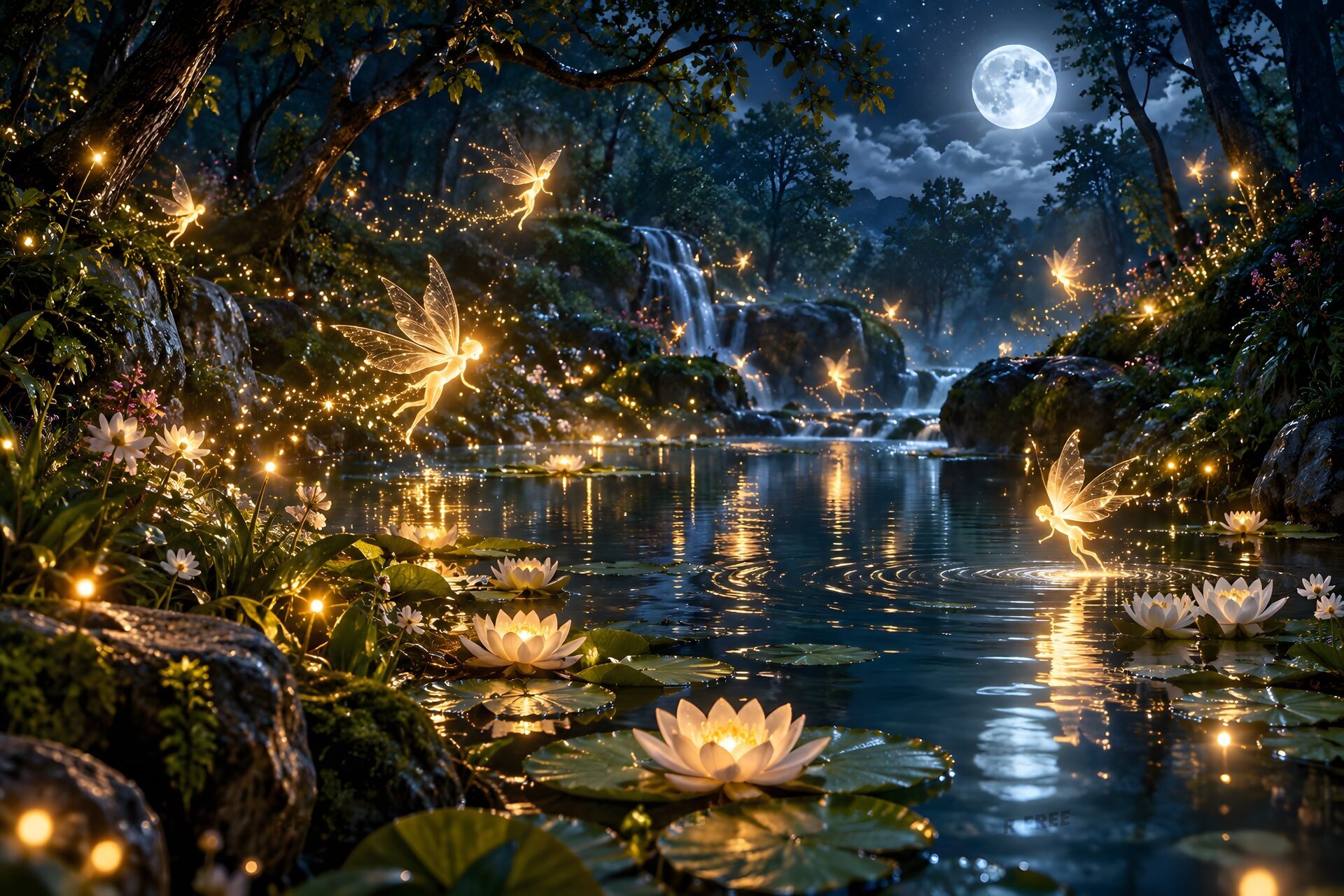 夜の森の池の上を舞う光の妖精たち