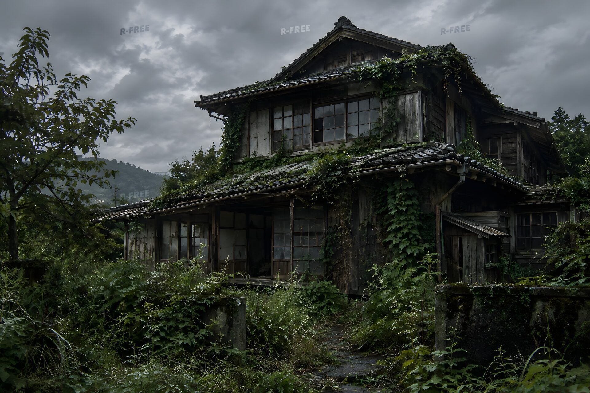雑草に覆われた朽ちた木造の家