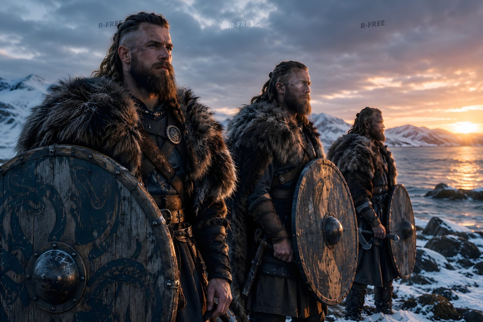 夜明けの雪の浜辺に並ぶヴァイキングの戦士たち