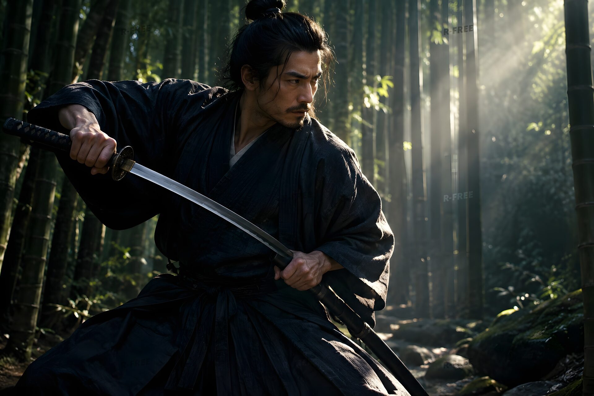 竹林で刀を抜く30代の侍