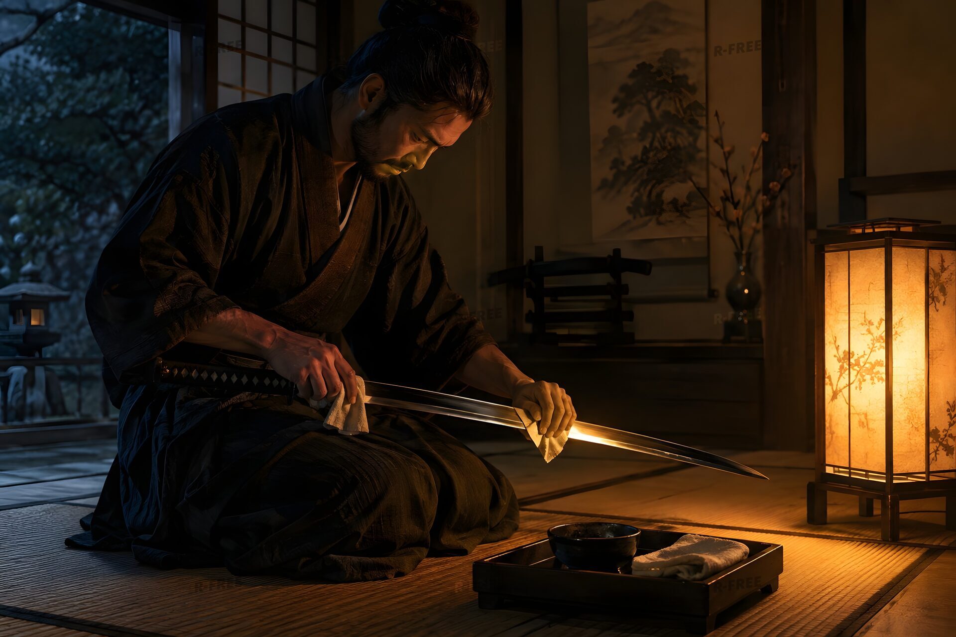 行灯の明かりで刀を手入れする侍