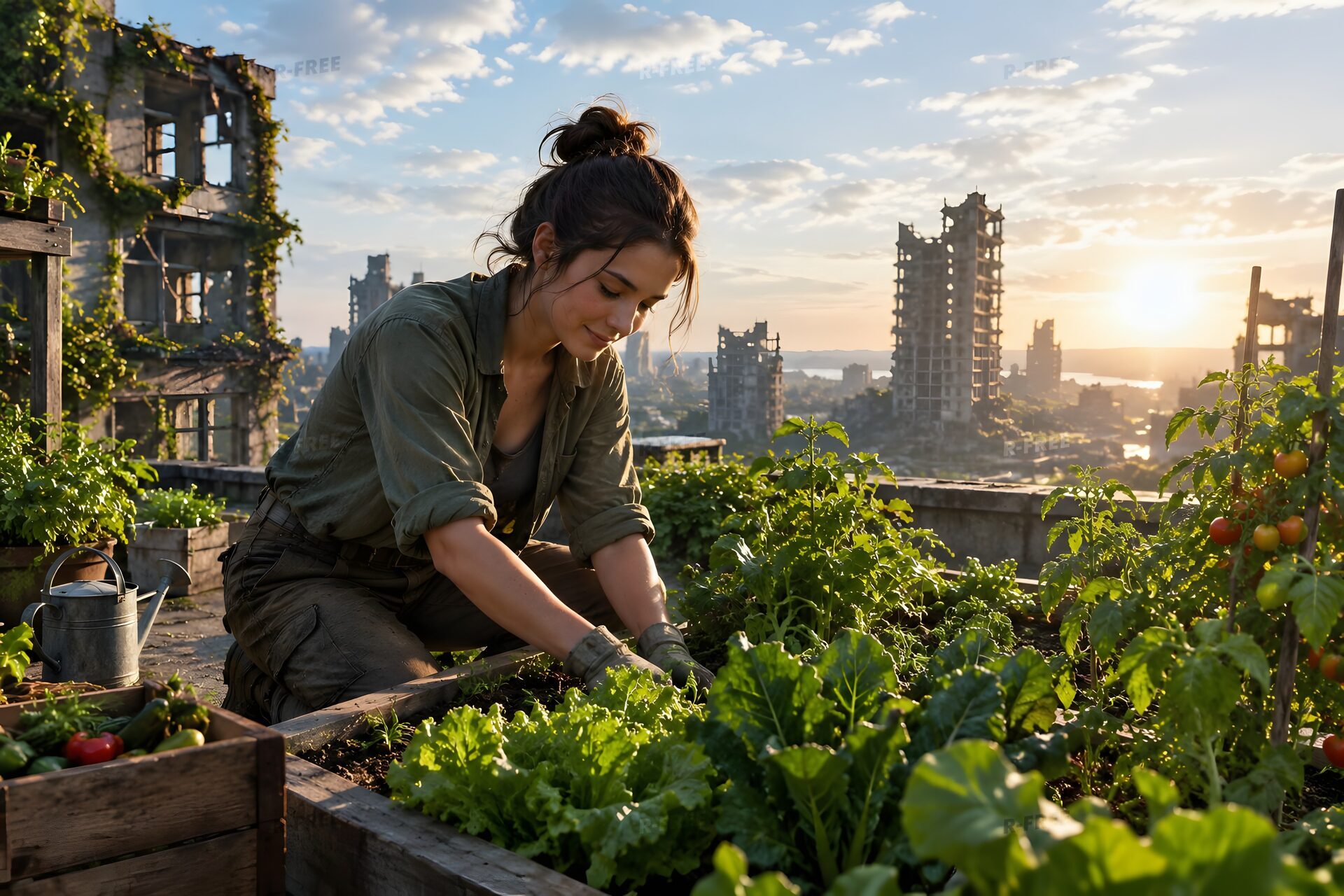 廃墟の屋上で野菜を育てる女性