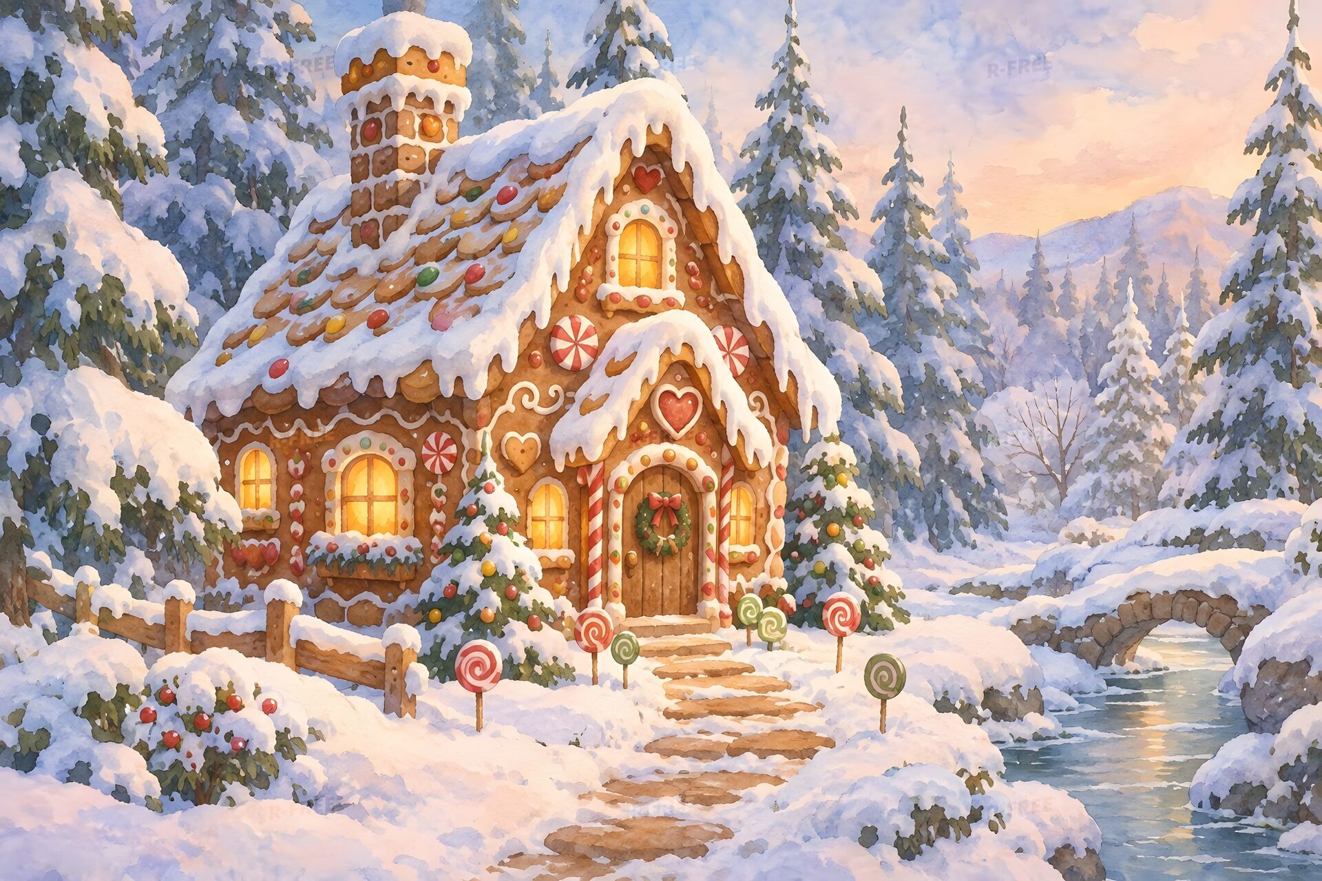 雪の森に建つあたたかな光のお菓子の家