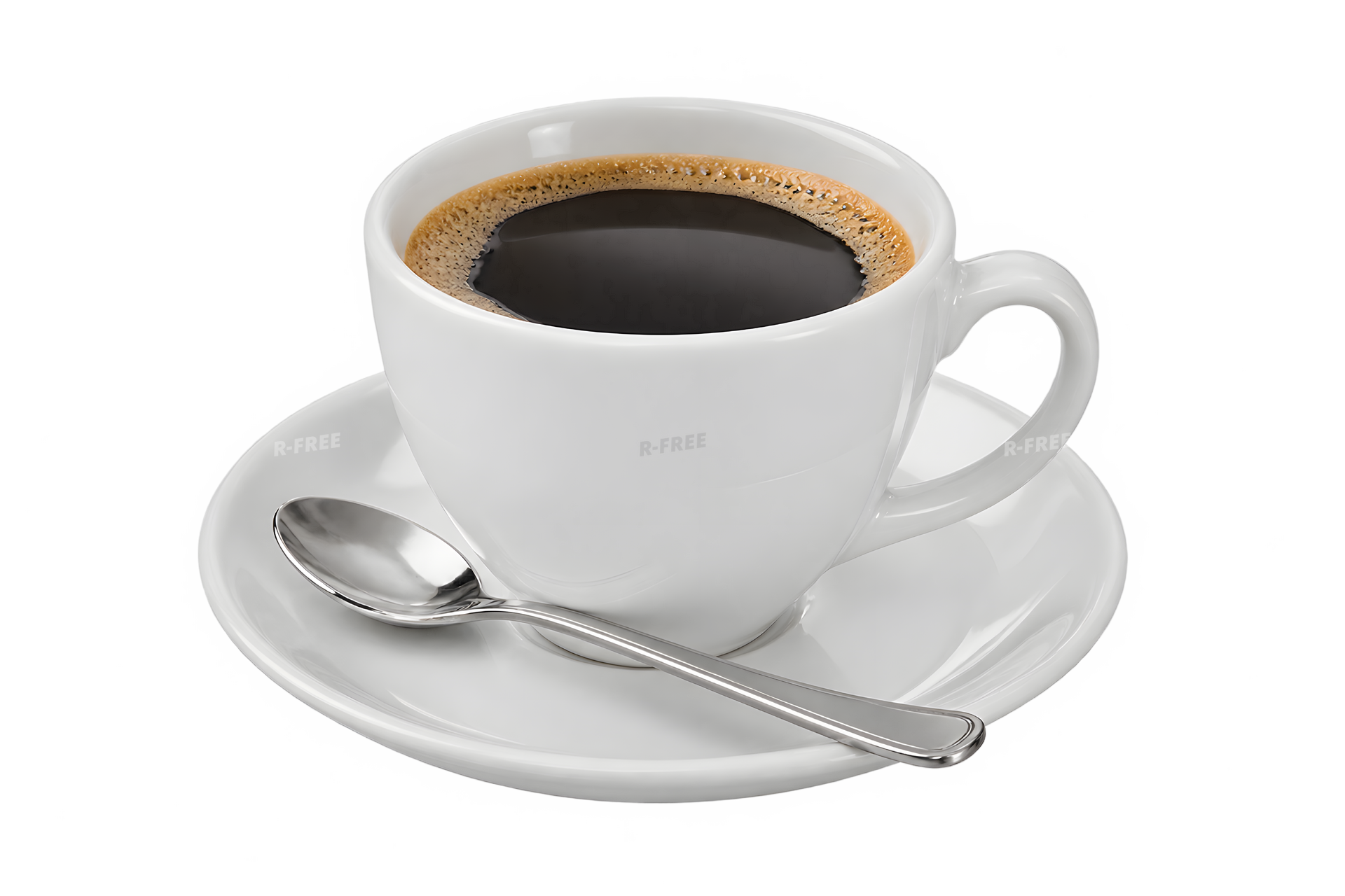 ソーサーとスプーンを添えた白いコーヒーカップ（背景透過）