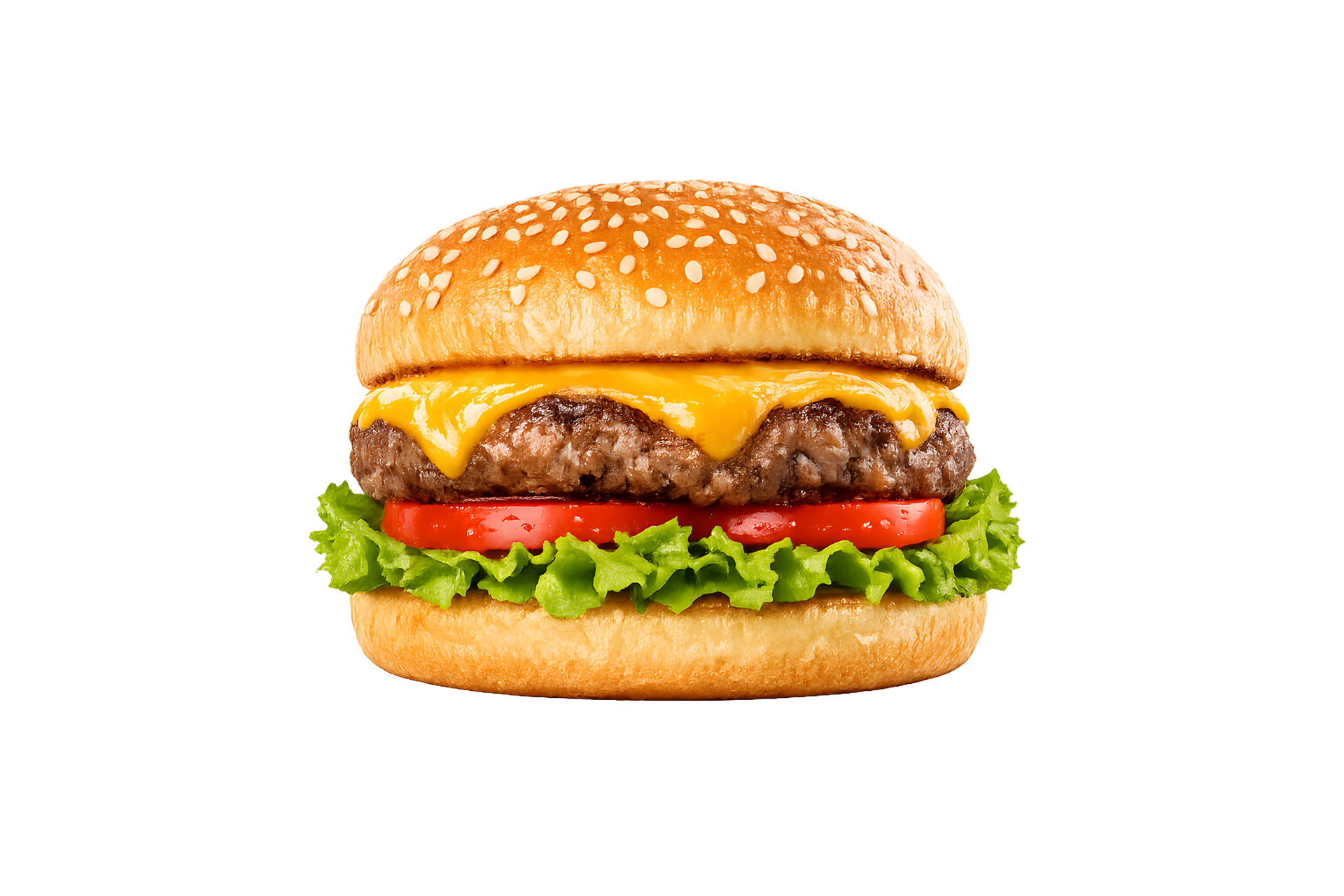 レタスとトマト、とろけるチーズを挟んだチーズバーガー（背景透過）