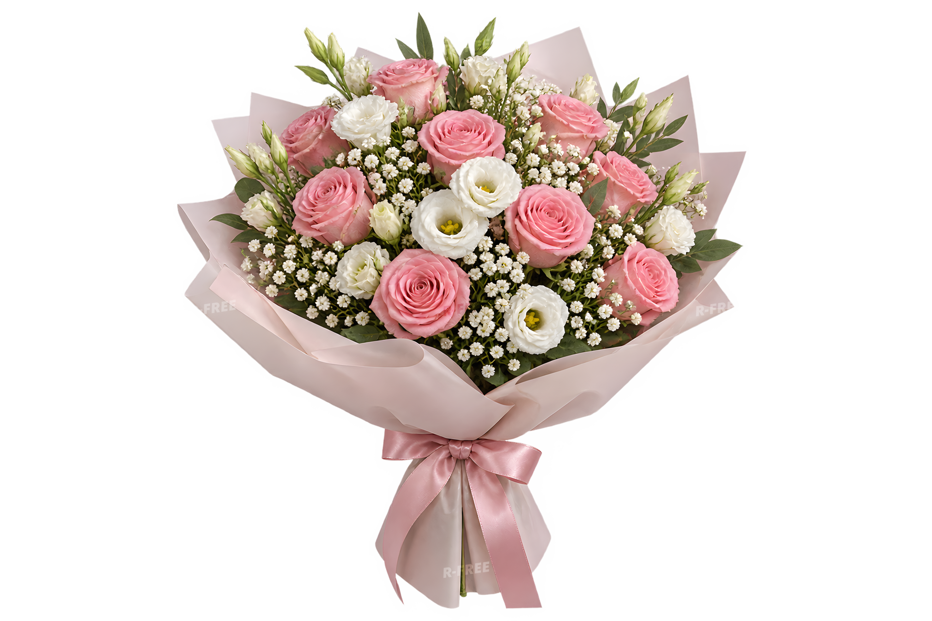リボンを結んだピンクのバラの花束（背景透過）