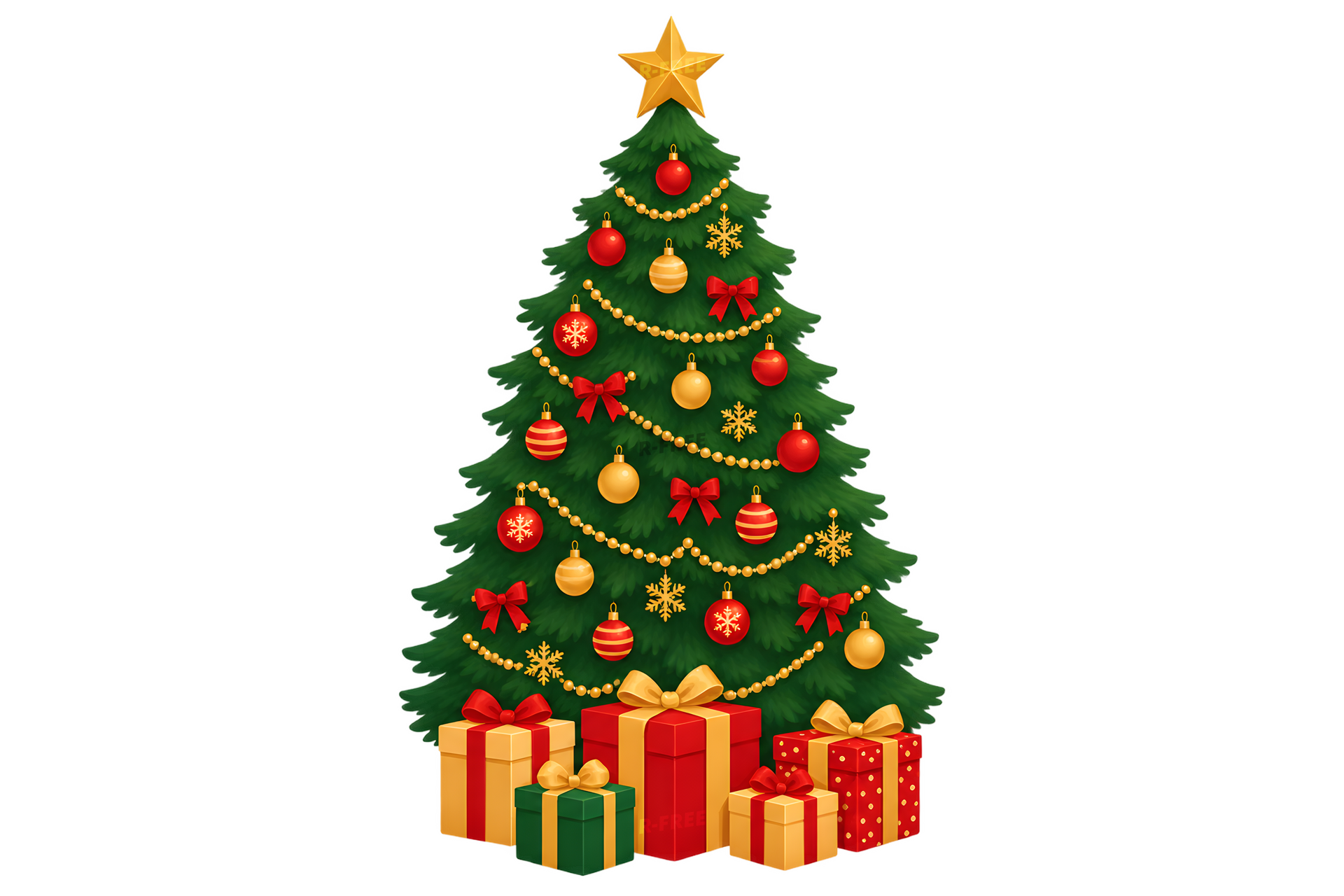 プレゼントを置いたクリスマスツリーのイラスト（背景透過）