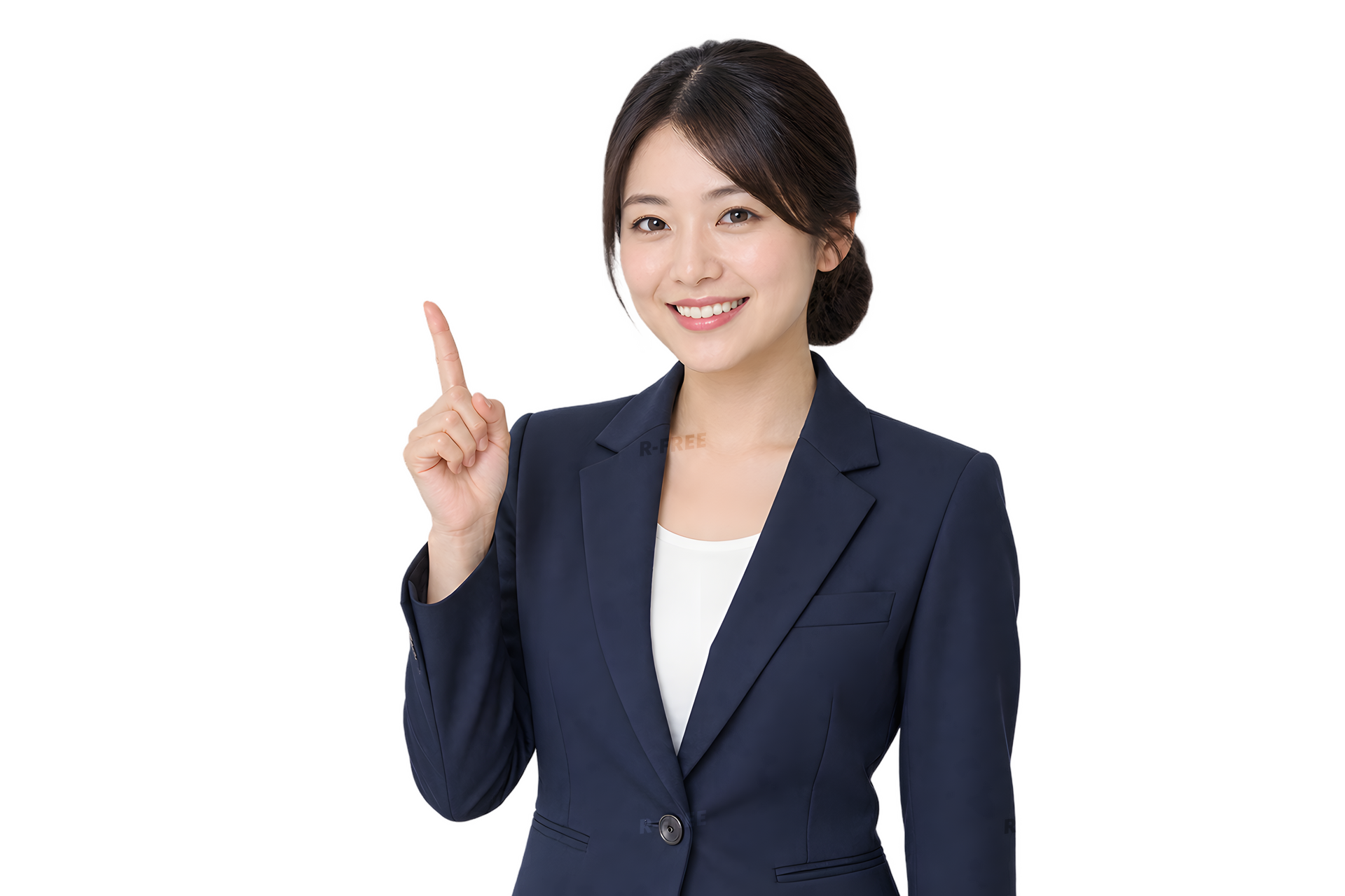 人差し指で上を指すスーツ姿の20代女性（背景透過）