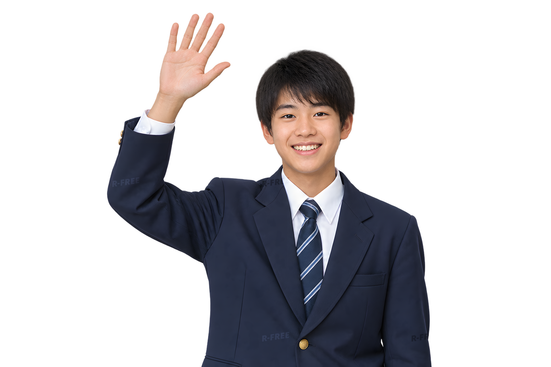 元気に手を挙げる制服の男子高校生（背景透過）