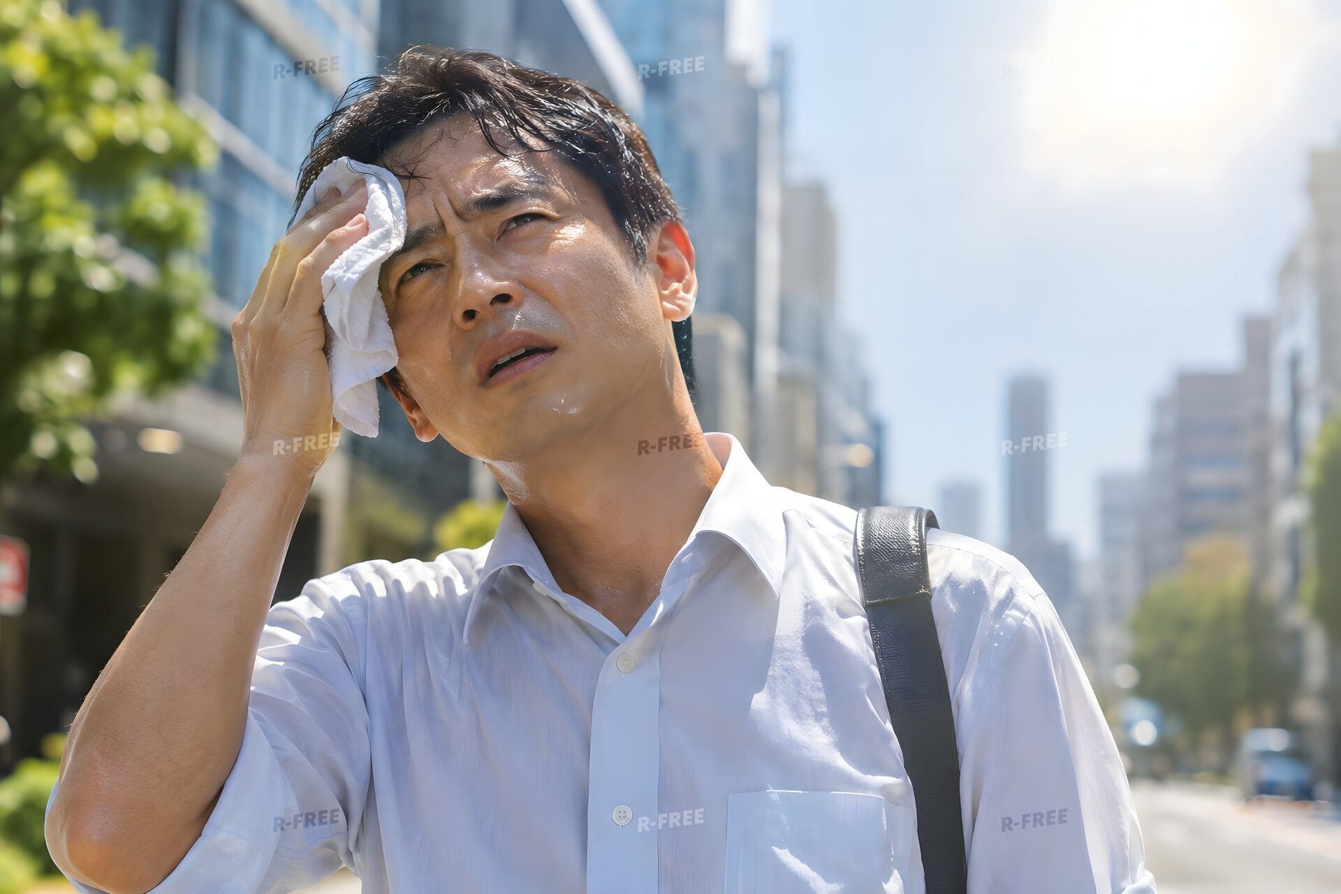 猛暑の街で汗をぬぐう40代男性
