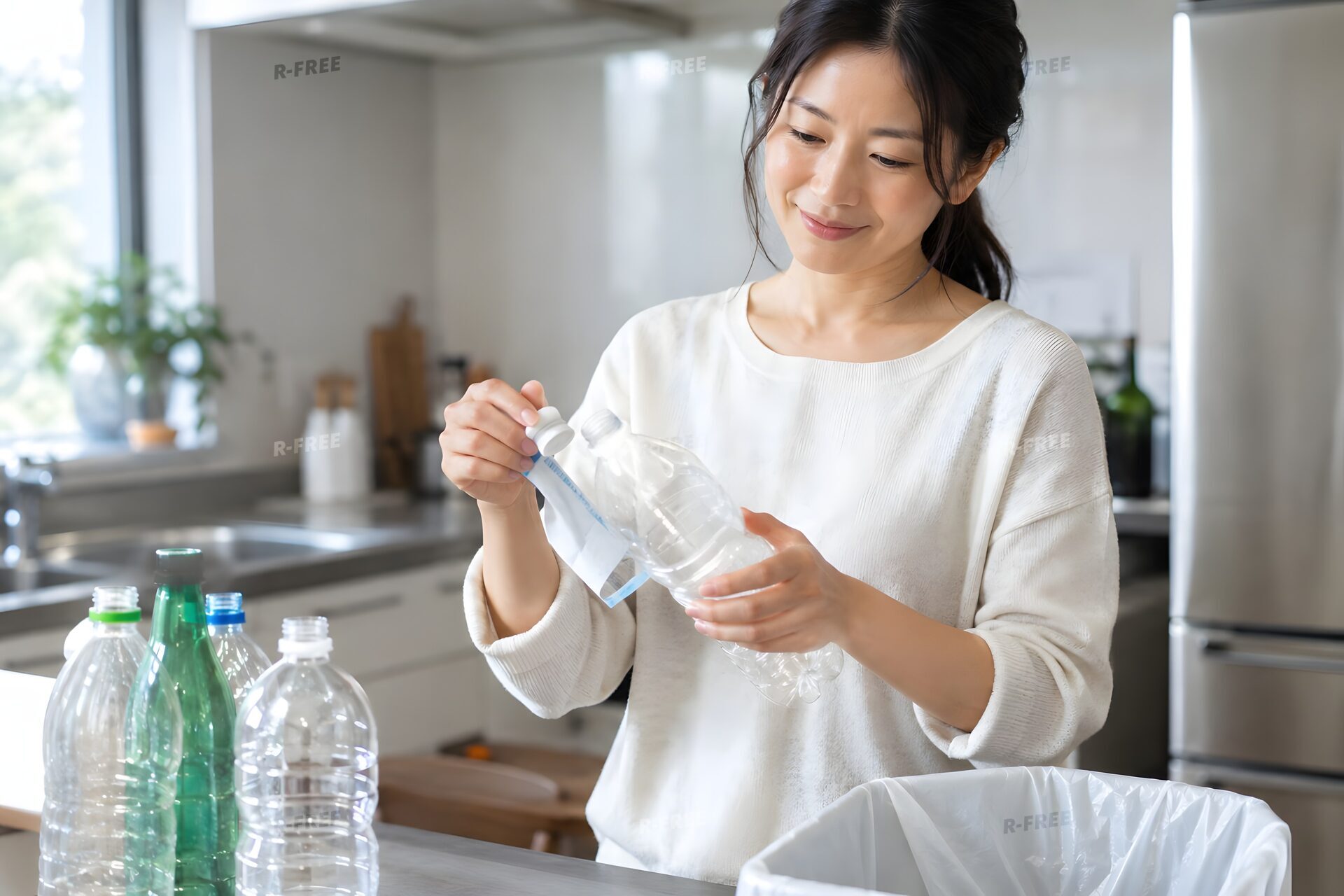 ペットボトルのキャップとラベルを外す30代女性