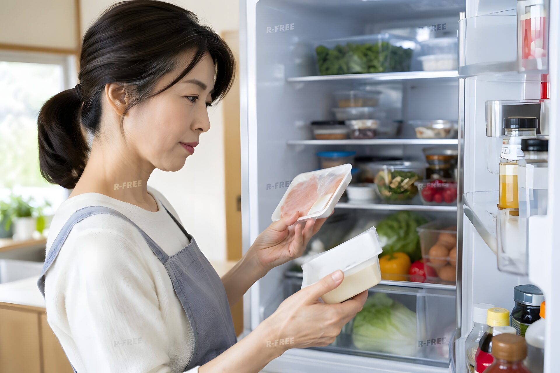 冷蔵庫の食品を確認する40代女性