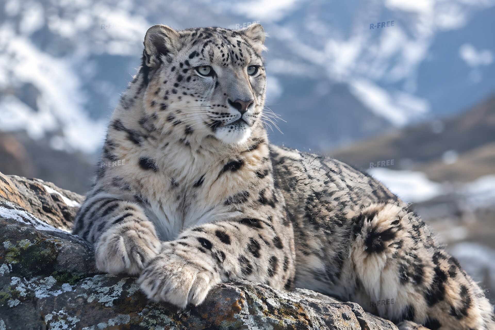 岩山で休むユキヒョウ