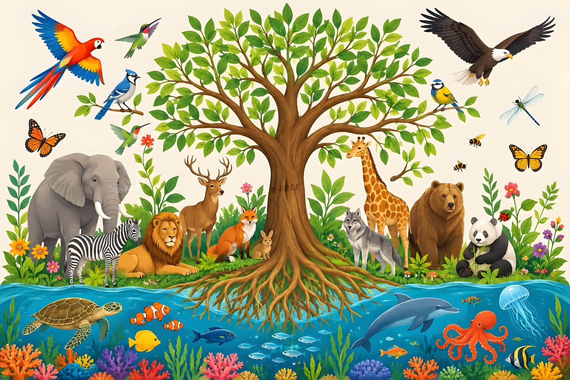 生命の樹に集まる多様な生き物のイラスト