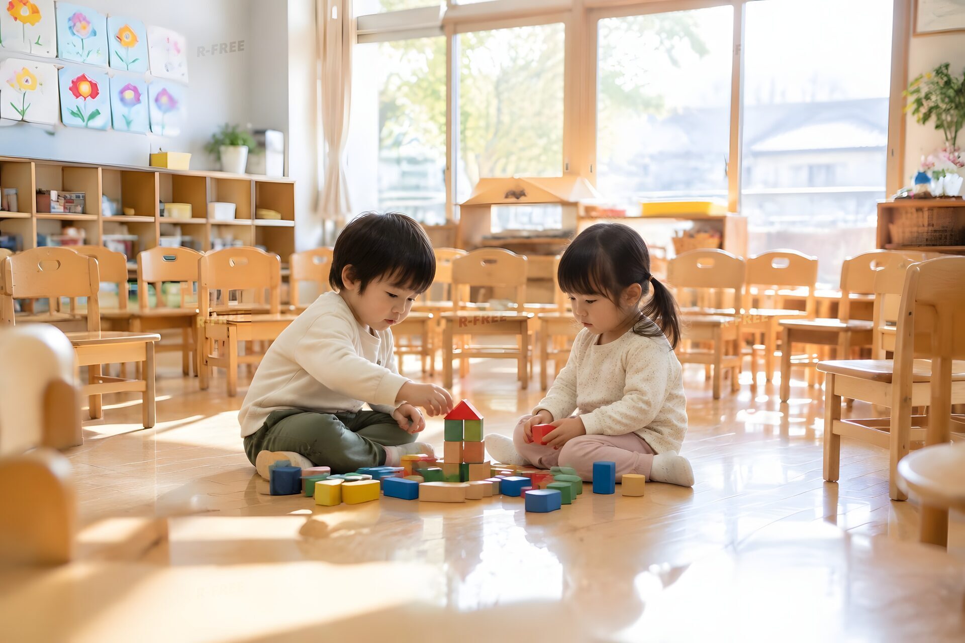 空席の目立つ保育室で遊ぶ2人の幼児