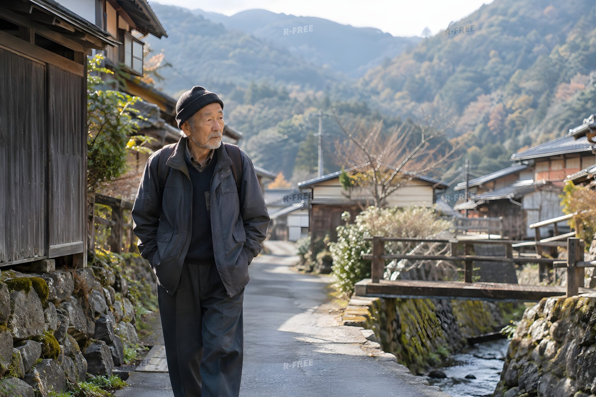 山村の道を一人で歩く高齢男性