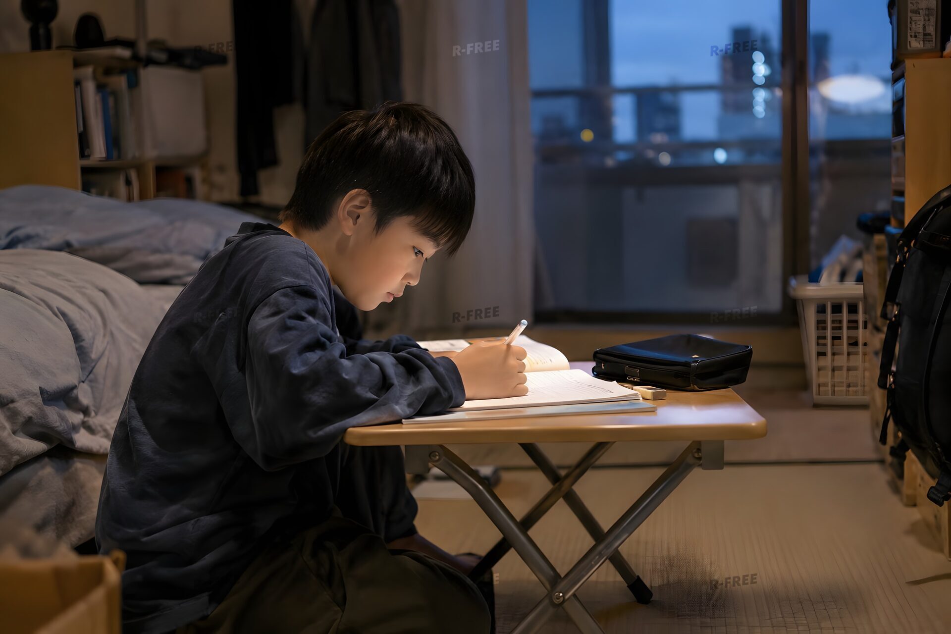 狭い部屋で一人勉強する小学生