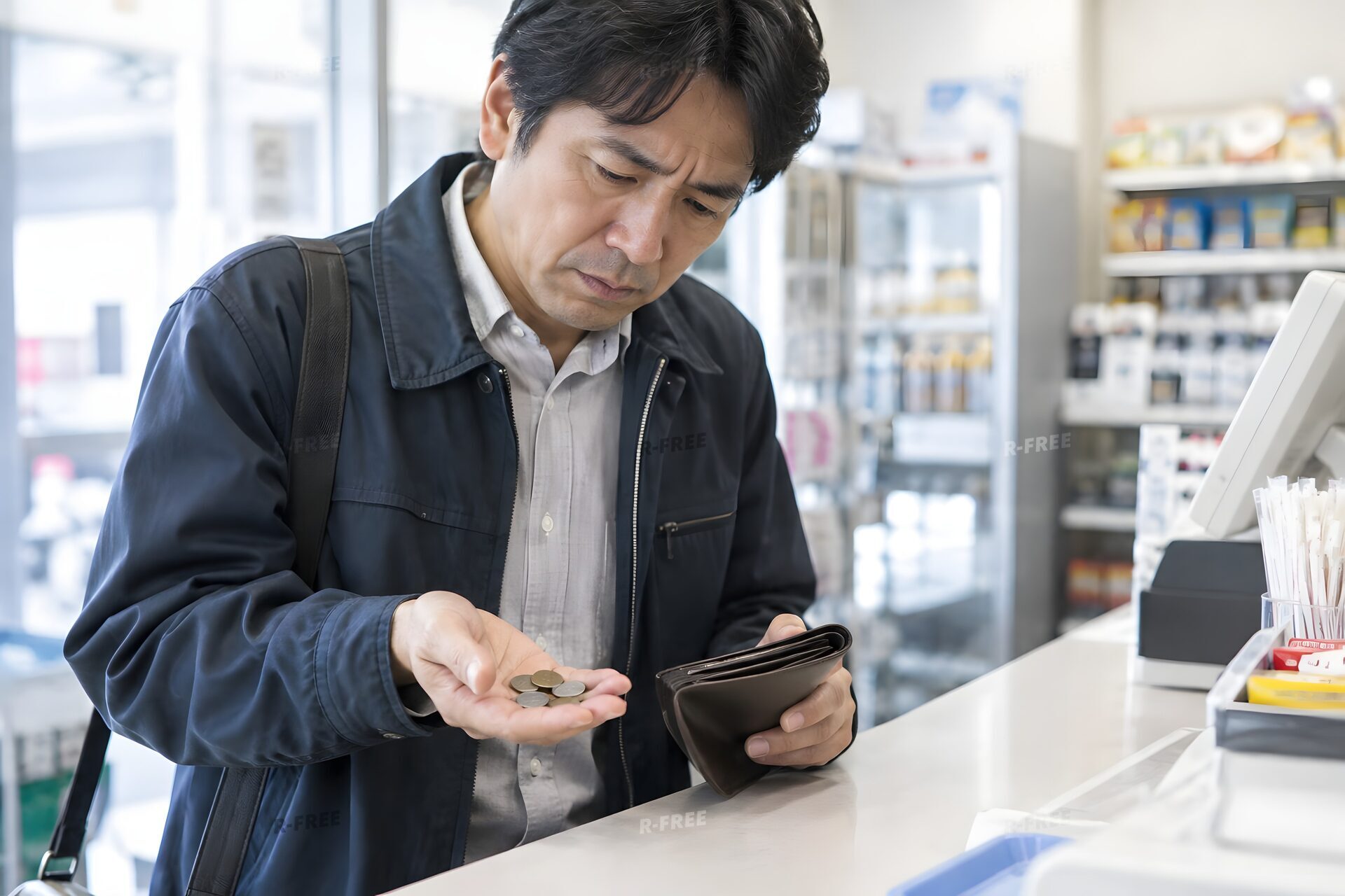 薄い財布から小銭を数える40代男性