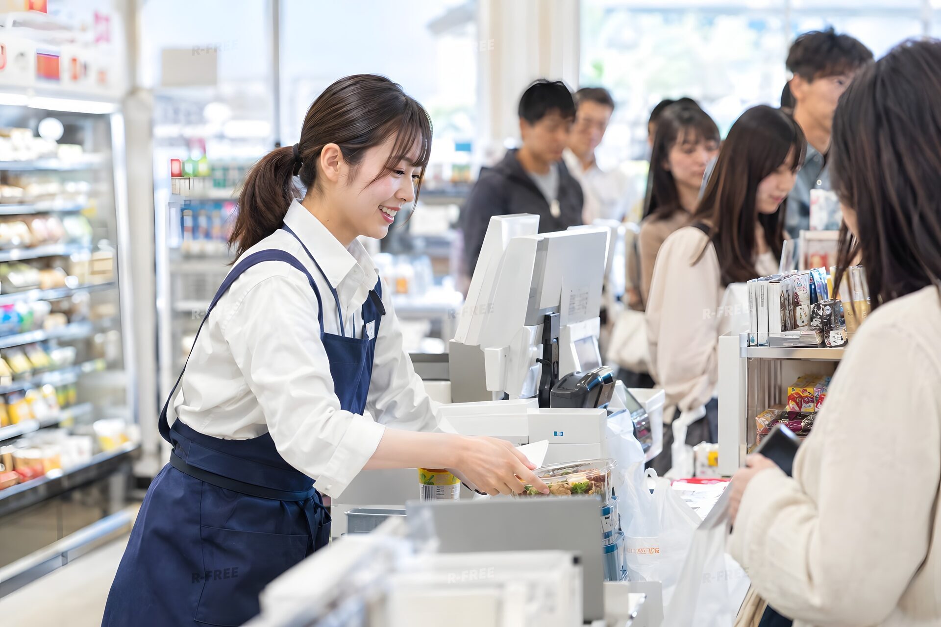 長い列を一人で接客するコンビニ店員