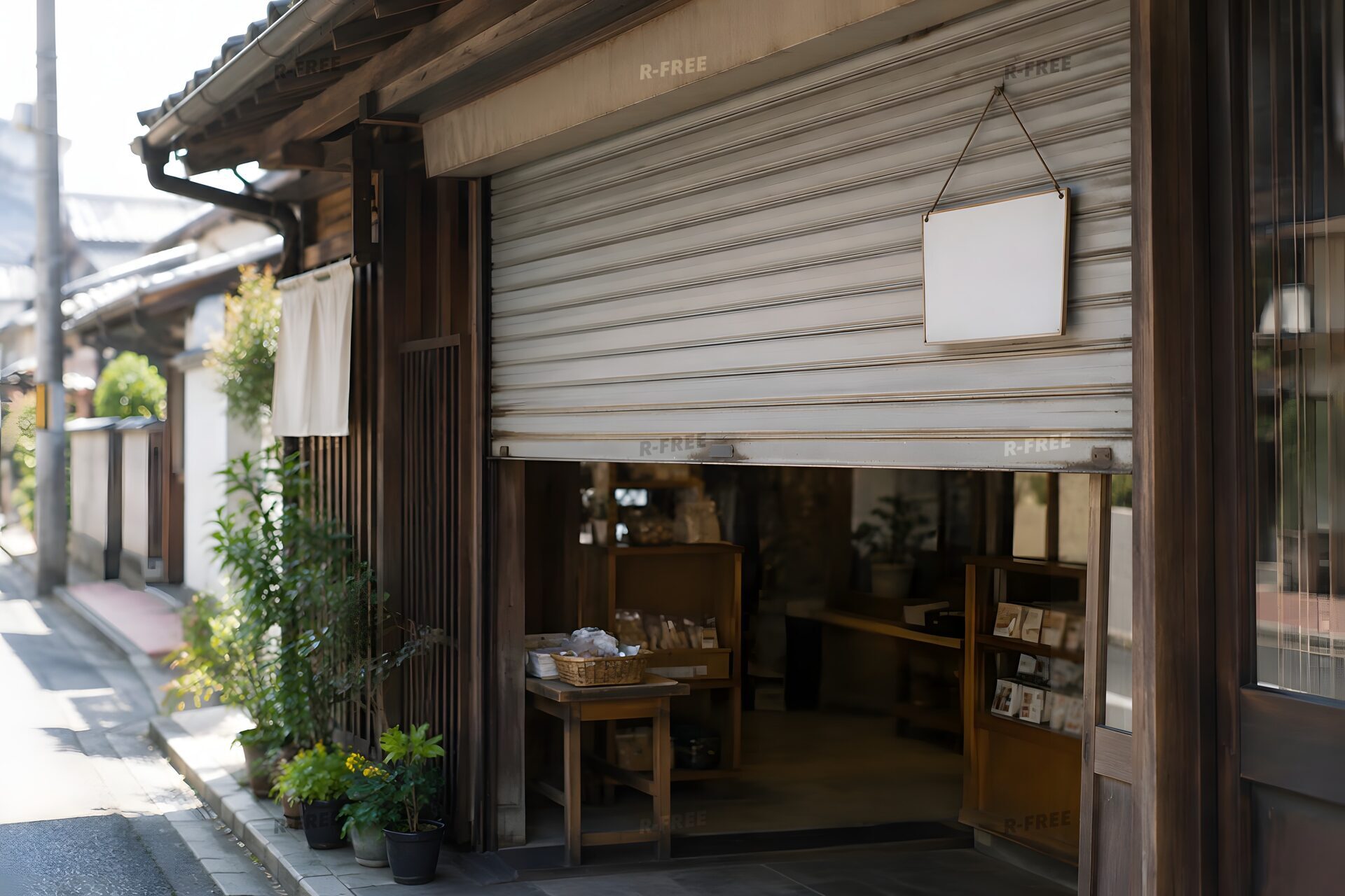シャッターを半分下ろして休業する小さな店