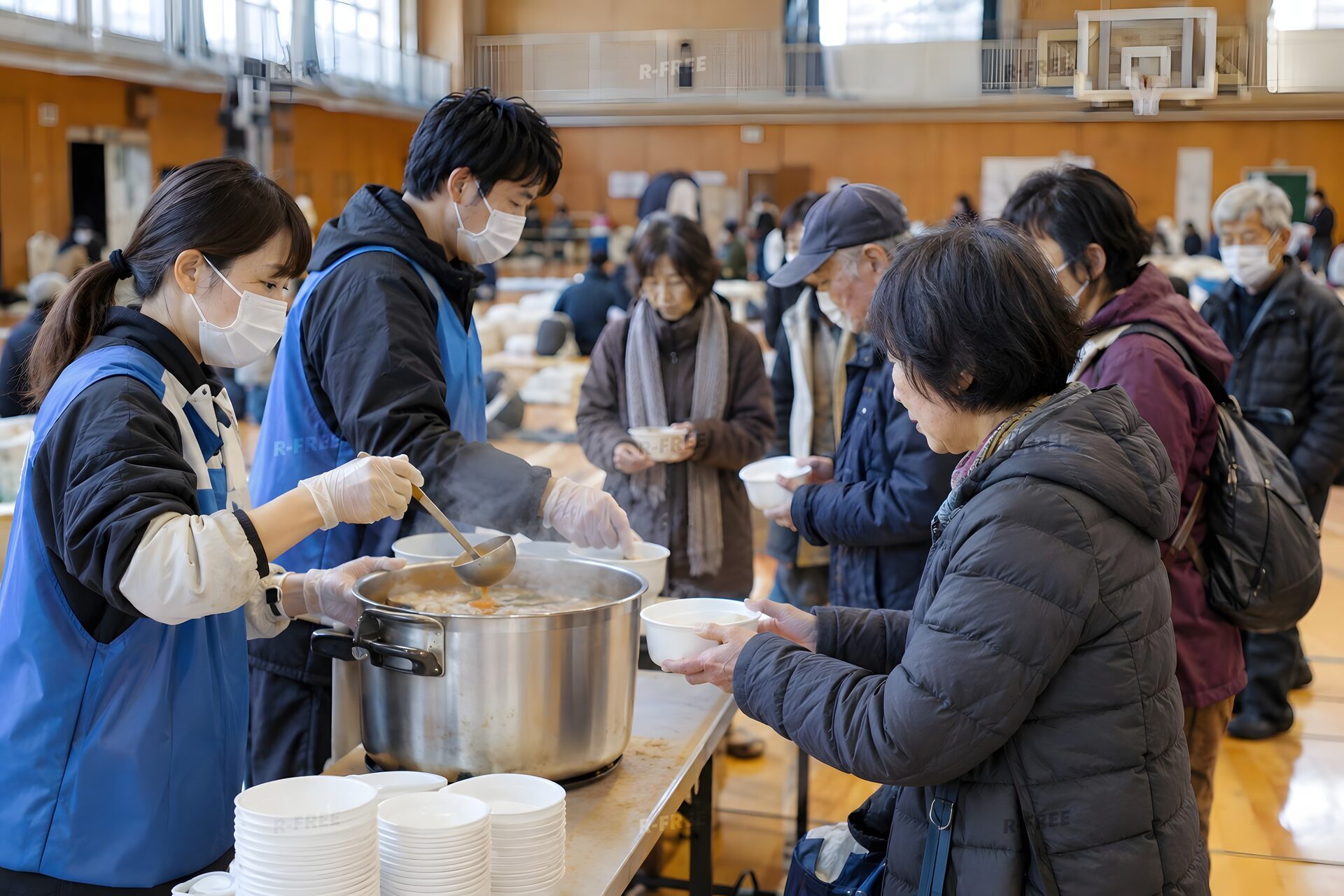 避難所で温かい汁物を配るボランティア