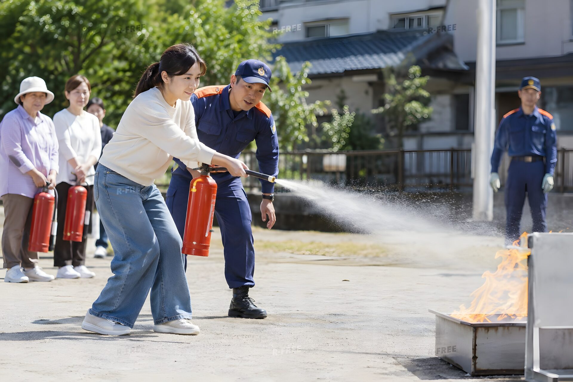 消火器の使い方を練習する住民
