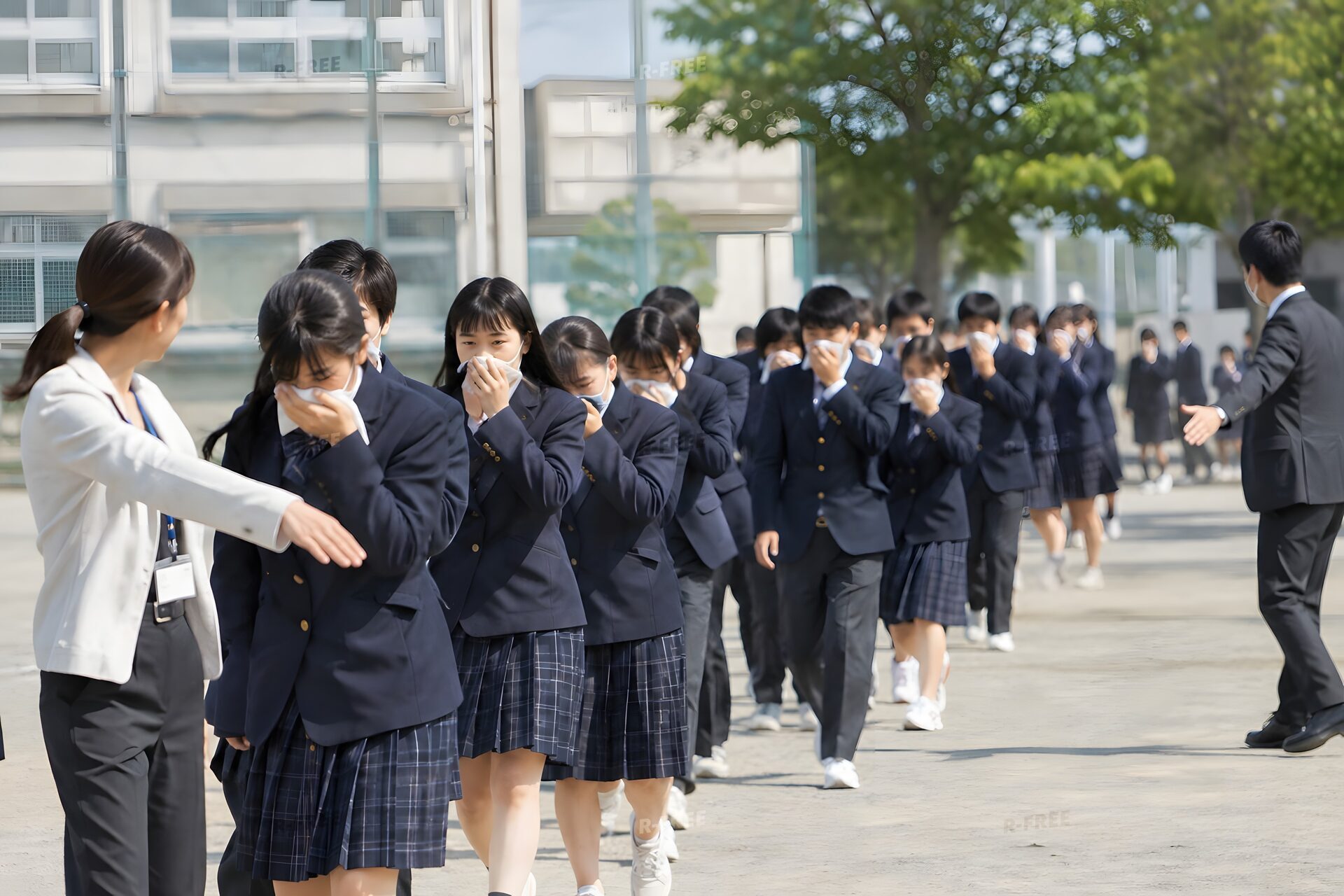 校庭へ避難する高校生の避難訓練