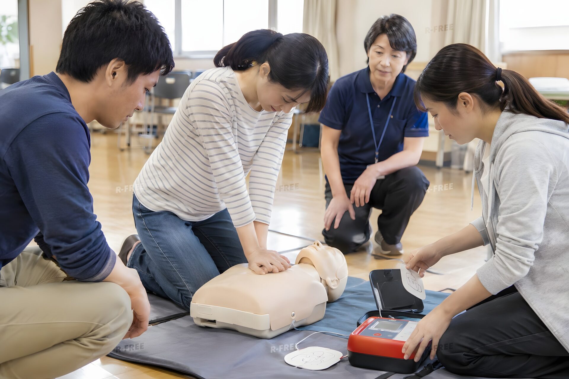 AEDと心肺蘇生を練習する救命講習