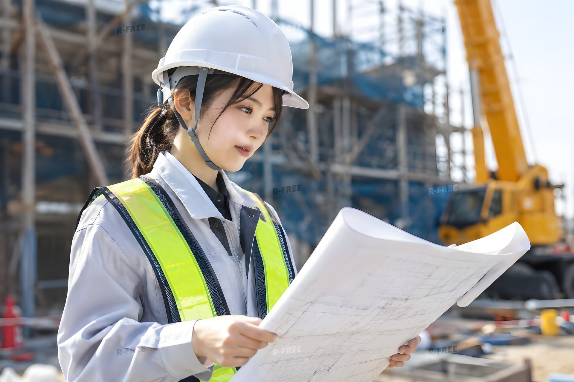 建設現場で図面を確認する20代の女性技術者