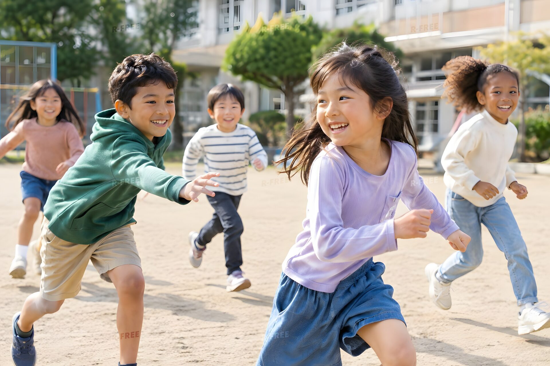 校庭で一緒に遊ぶ多国籍の子どもたち