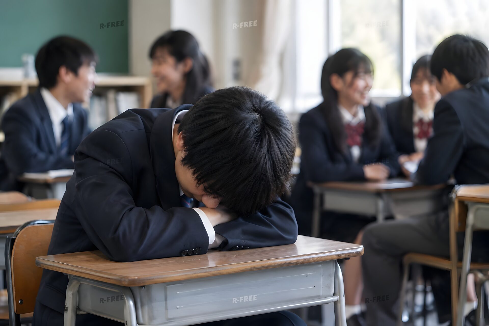 教室で一人うつむく中学生