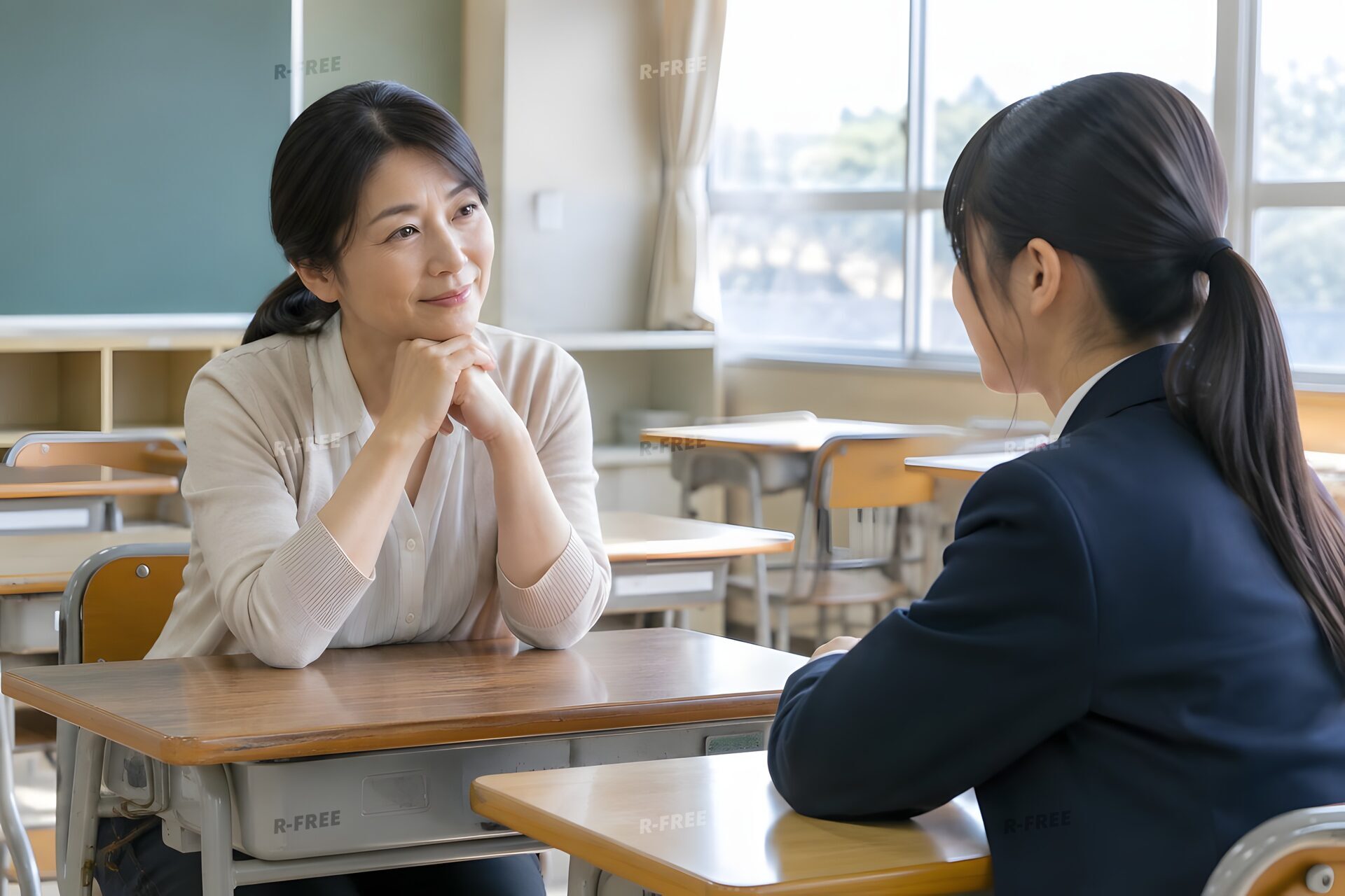 放課後の教室で生徒の相談に乗る先生