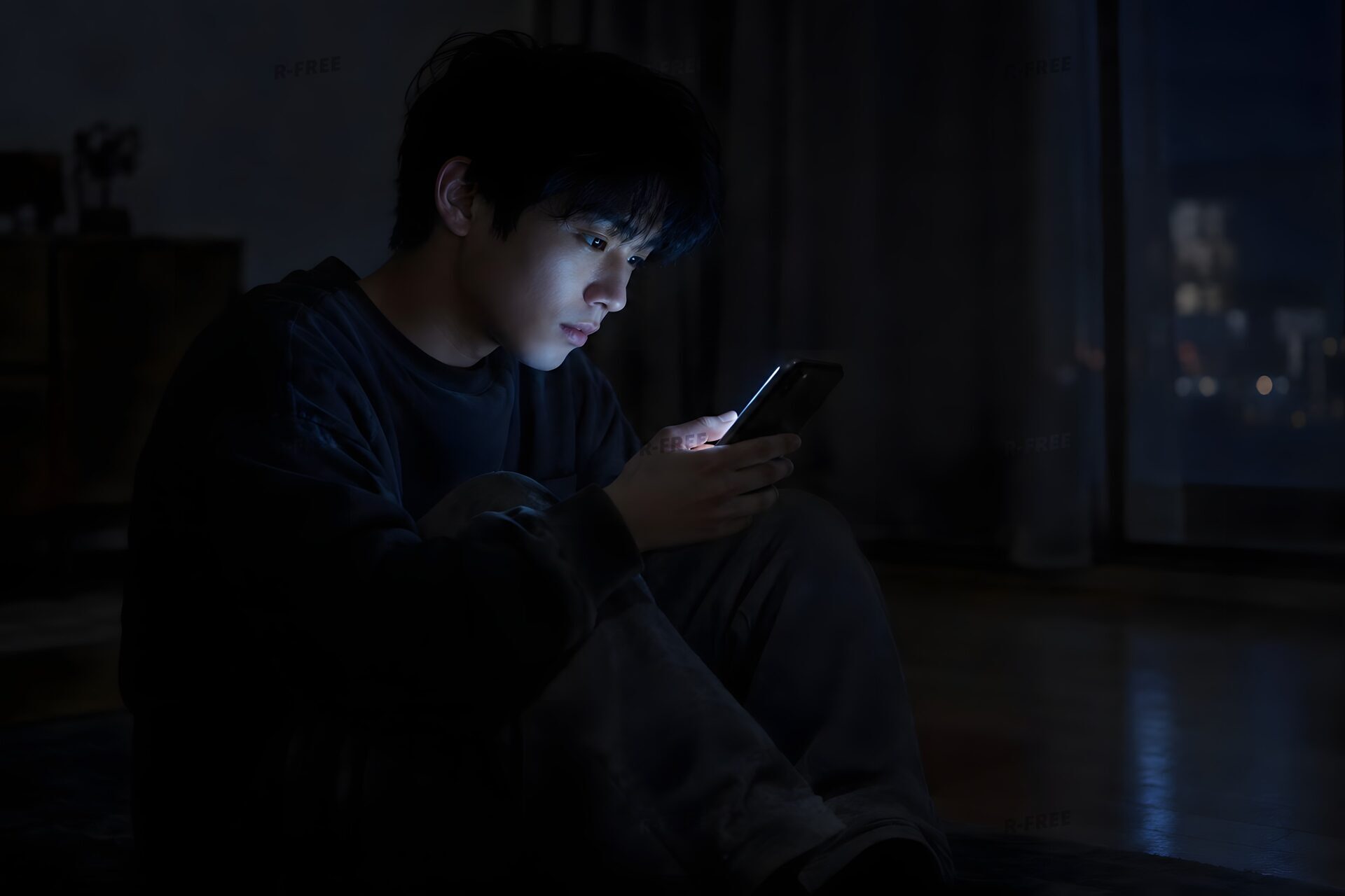 暗い部屋でスマホを見る20代男性