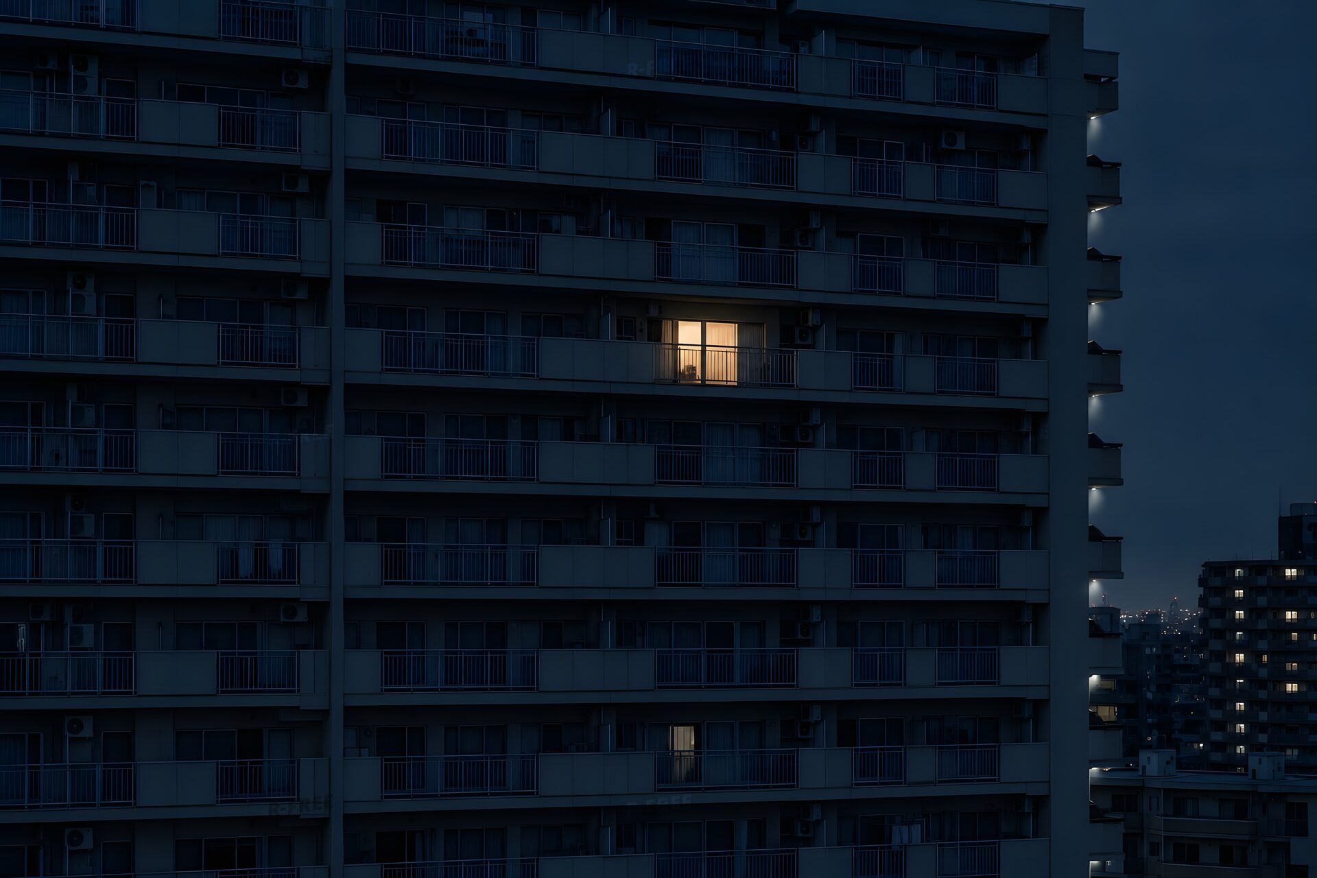 夜の団地にひとつだけ灯る窓