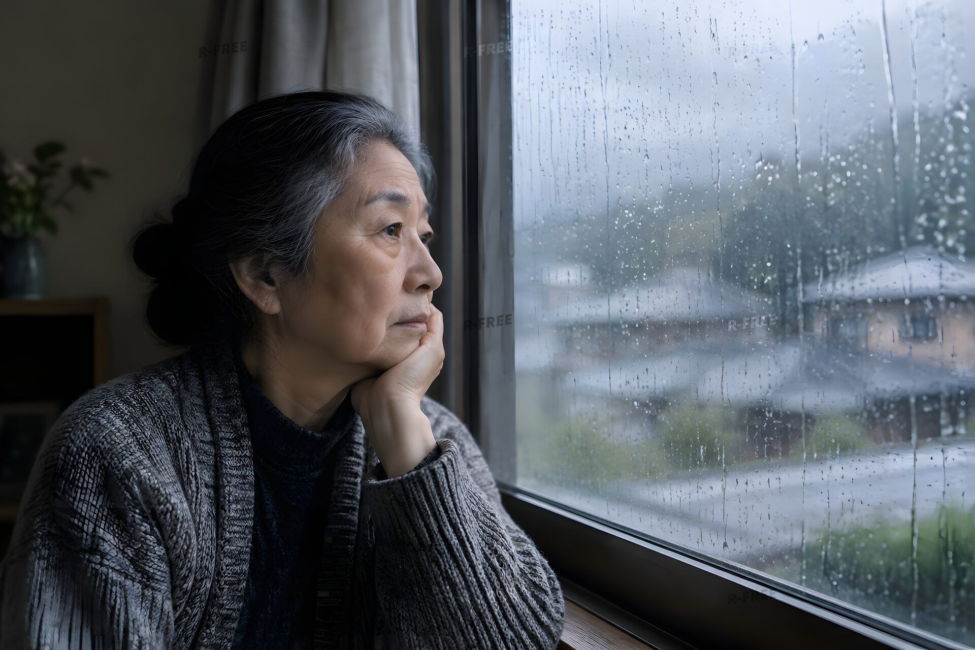 雨の日に一人で窓の外を眺める高齢女性