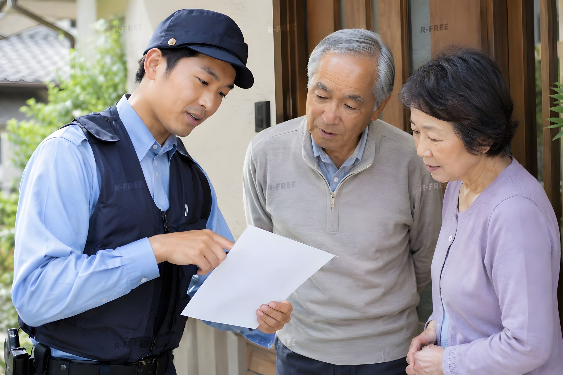 高齢の夫婦に詐欺への注意を呼びかける警察官