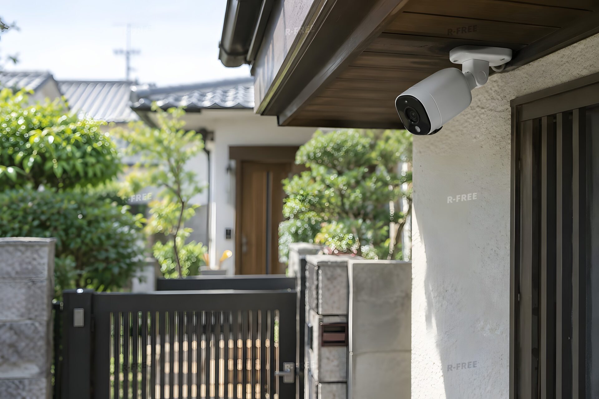 住宅の軒下に付けた防犯カメラ
