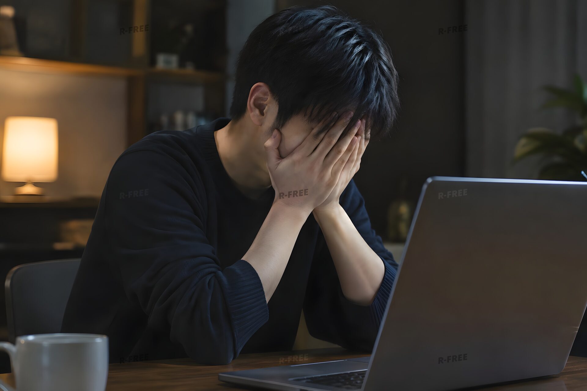 パソコンの前で頭を抱える若い男性