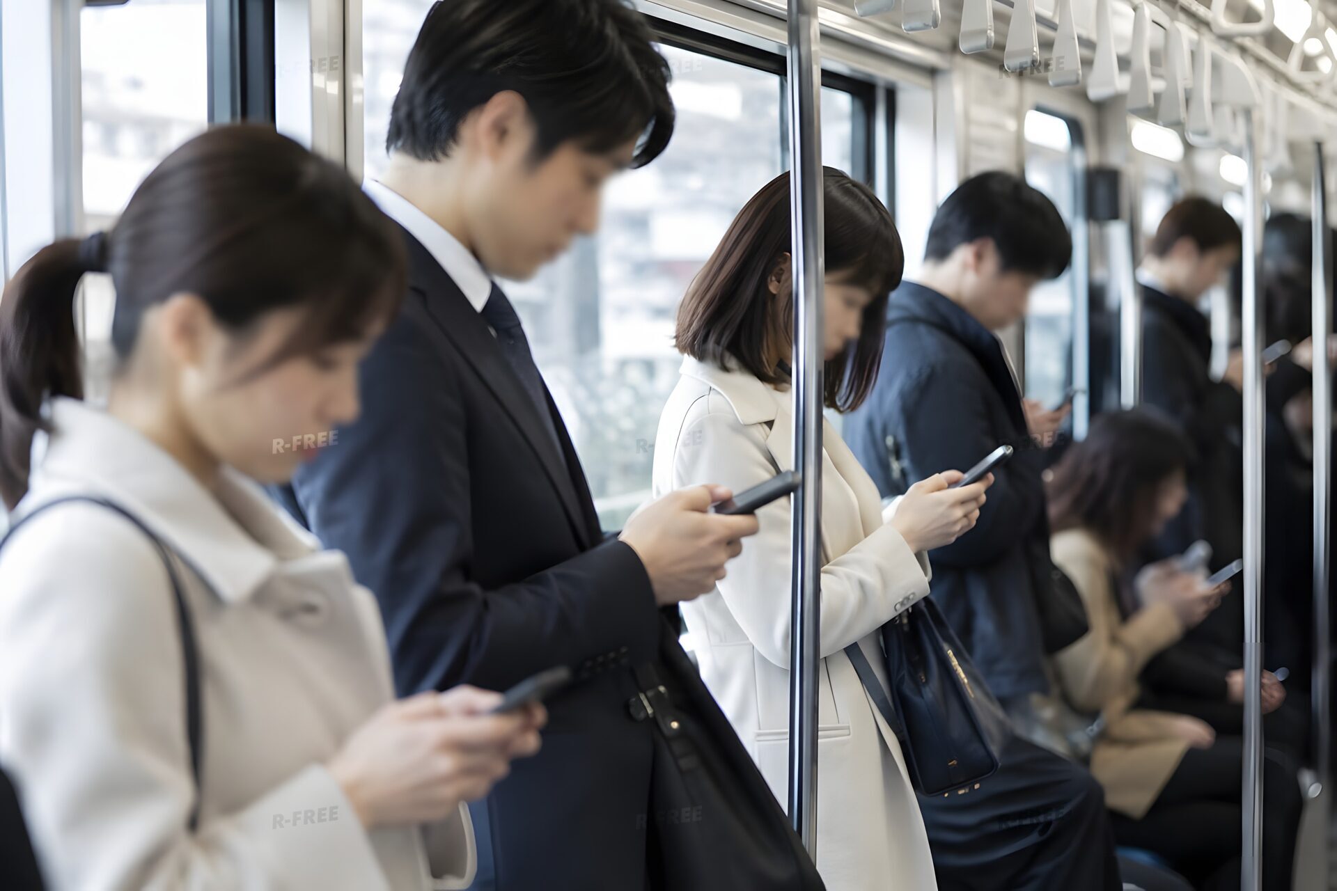 電車でスマホを見る乗客たち