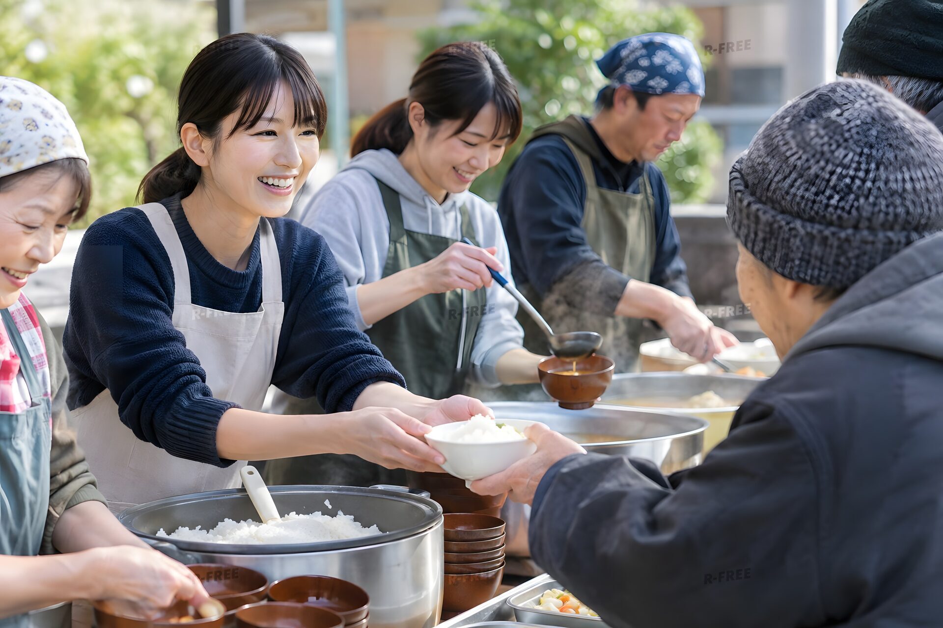 屋外で炊き出しをするボランティア