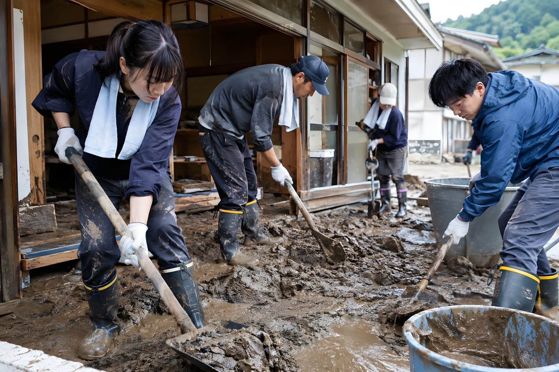 浸水した家から泥をかき出す災害ボランティア