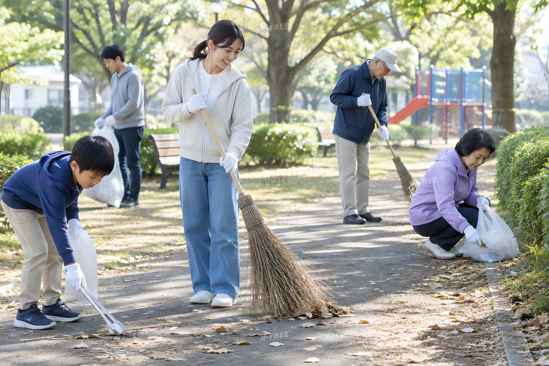 週末の朝に公園を清掃する地域の人々