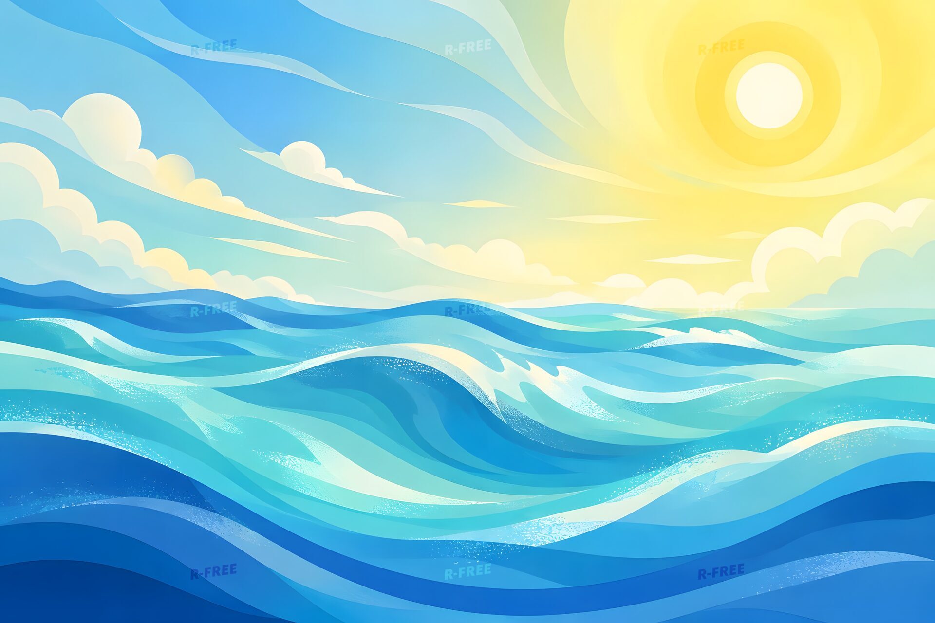夏の波と太陽のイラスト