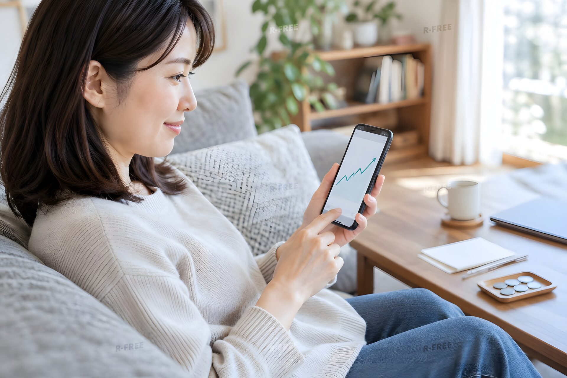 スマホで資産の運用状況を確認する30代女性