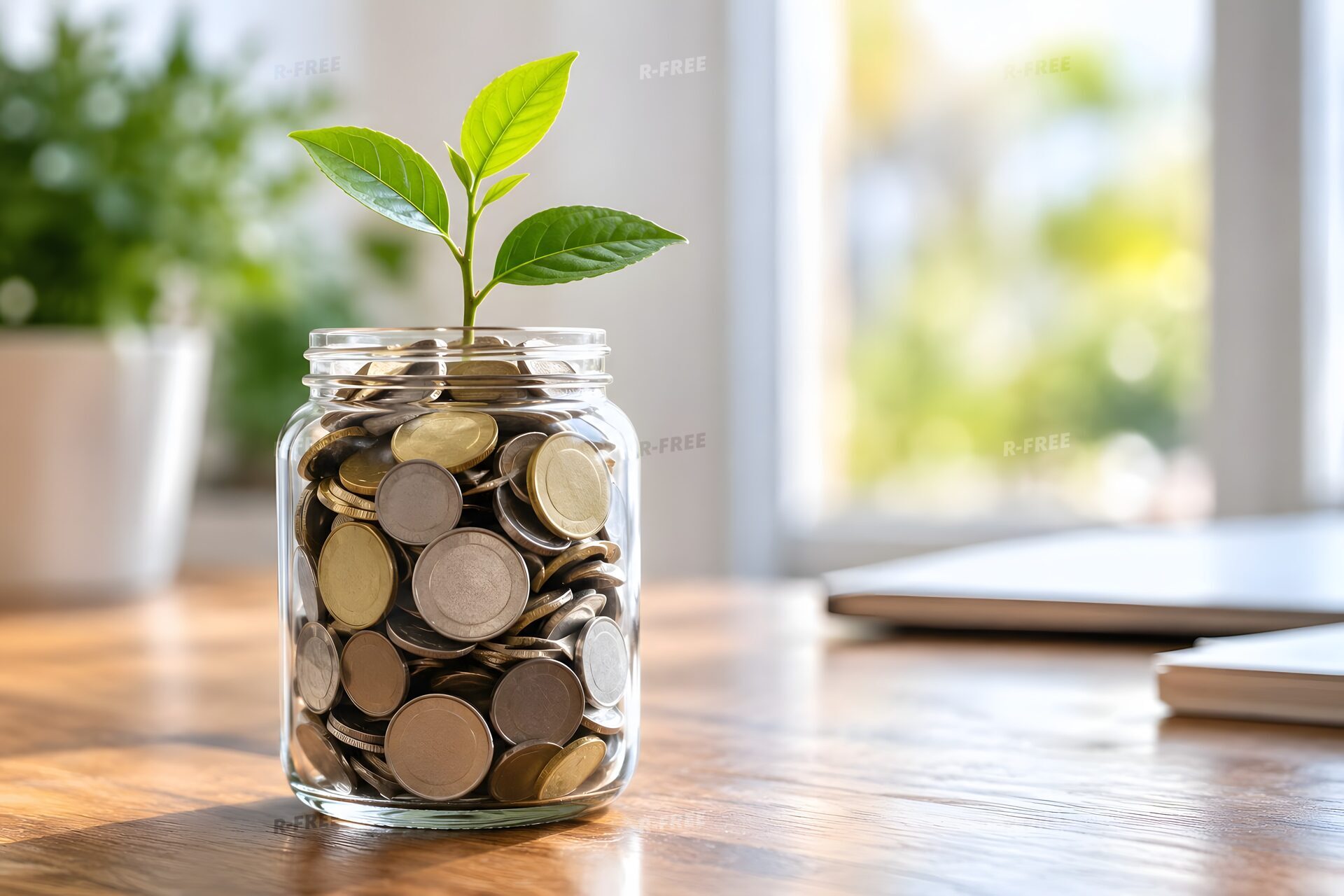 硬貨を詰めた瓶から伸びる芽