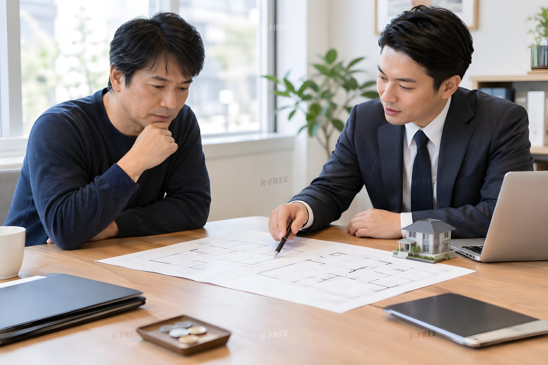 間取り図を見て物件を検討する40代男性