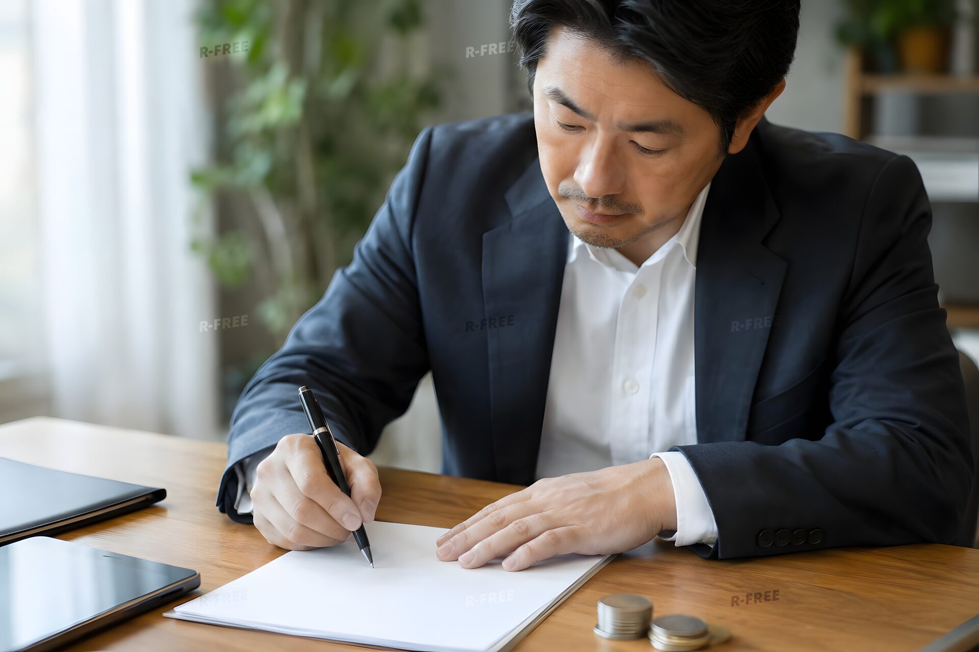 書類に署名する40代男性