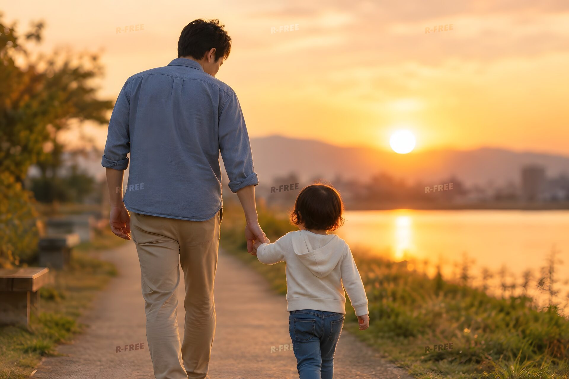 夕暮れに手をつないで歩く父と子