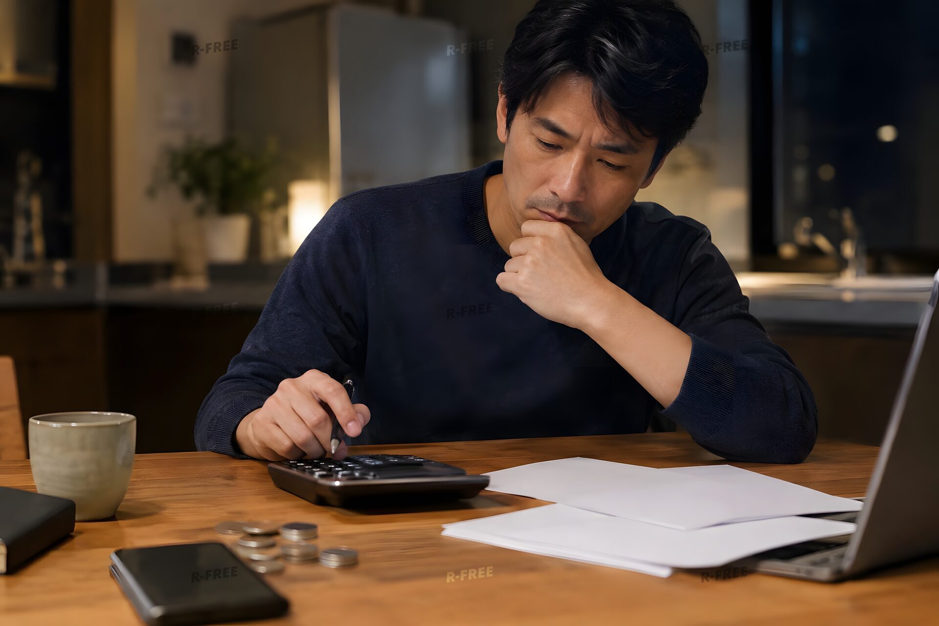 夜に返済額を計算する40代男性